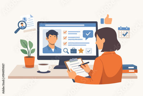 HR Manager Reviewing Online Job Application of Potential Candidate on Computer Screen, Human Resources Recruitment Process, Hiring Professional Talent, Career Opportunity, Flat Vector Illustration