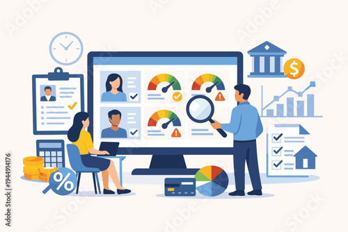 Professional financial analysts evaluating credit history and scores of prospective applicants for a bank loan or mortgage. Flat vector illustration of people checking financial data and risk.