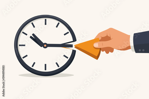 Businessman Hand Stealing a Slice of a Clock Face Illustration. Time Management Concept, Productivity, Efficiency, and Deadline Metaphor. Simple Flat Vector Design for Corporate and Finance Use.