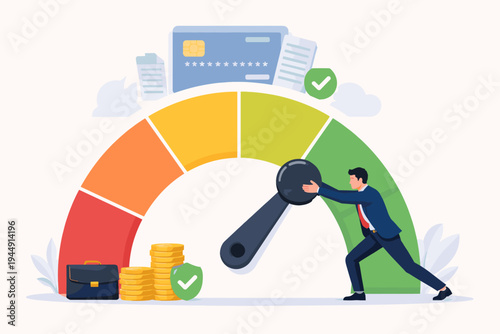 Businessman Pushing Credit Score Gauge Needle from Poor to Excellent, Concept of Financial Growth, Debt Management, Credit Repair, and Improving Credit History with Credit Card and Coins Vector.
