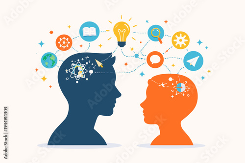 Vector illustration of adult and child head silhouettes sharing knowledge, ideas, and creativity through colorful icons like light bulbs, gears, books, and atoms for education and mentoring.