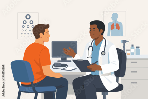Vector illustration of a male patient in an orange shirt sitting in a medical office for a consultation with a professional male doctor wearing a white lab coat and a stethoscope at a desk.