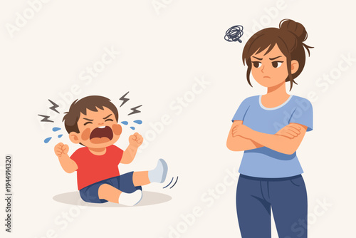 Vector illustration of a naughty little boy crying and having a loud temper tantrum on the floor while his disgruntled and frustrated young mother stands with arms crossed looking very angry