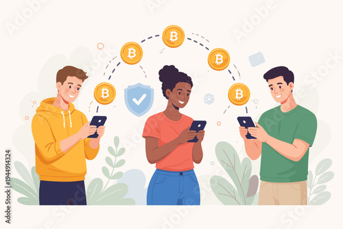 Vector Illustration of Diverse People Using Mobile Apps on Smartphones to Securely Transfer Bitcoin Cryptocurrency, Peer to Peer Digital Finance, Blockchain Technology and Online Banking Concept