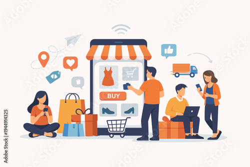 People Shopping Online via Mobile App Concept with Smartphone Storefront, Customers Browsing Products, Buying Clothes, and Delivery Service Icons in a Simple Flat Vector Illustration.