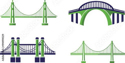 Set of bridge icons featuring suspension and arch bridge designs in green and navy blue flat vector style for urban infrastructure