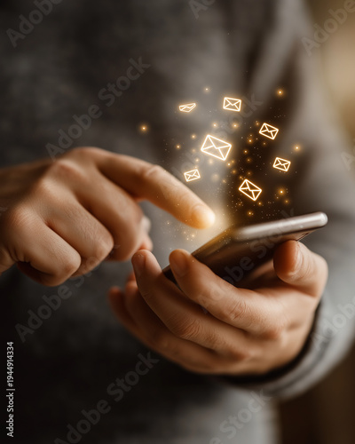 Digital Communication: A close-up view of a person using a mobile phone, with illuminated email symbols hovering, symbolizing modern communication and technology.