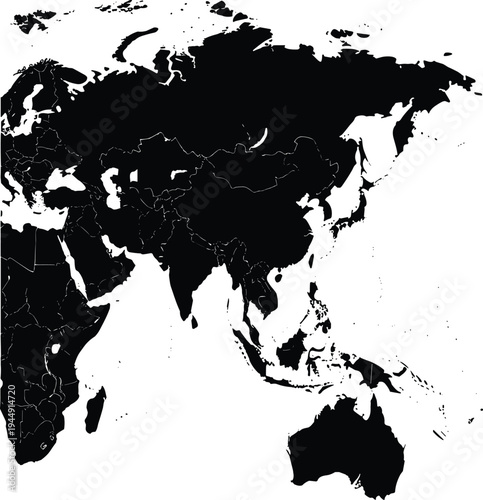Map silhouette of the Eastern Hemisphere black vector outline featuring Africa Europe Asia and Australia for global geography design