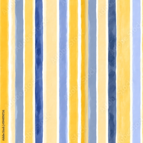 Seamless pattern of painterly blue and warm yellow vertical stripes with organic brush edges for coastal decor and summer themed branding