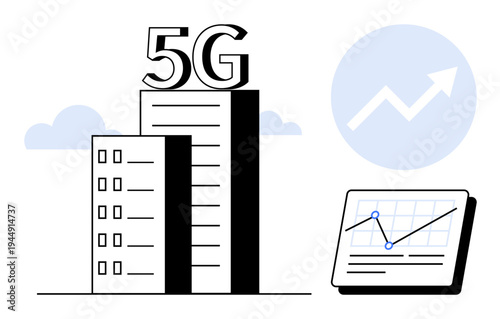 Tower labeled 5G stands next to a graph showing upward trend, representing technology growth. Ideal for innovation, networking, connectivity, business growth, digital transformation, data, simple