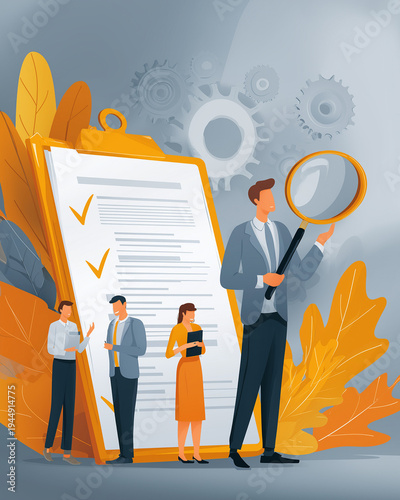 Business Assessment: A focused business professional examines a giant document, surrounded by a team involved in a comprehensive analysis. with gears indicating the complexity of the process.