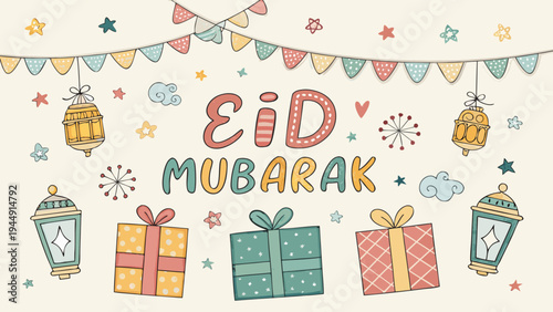 A colorful Eid Mubarak celebration vector graphic with gifts and lanterns