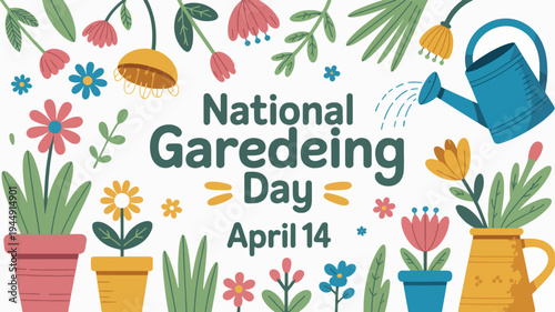 Vibrant illustration celebrating national gardening day on april 14 with colorful flowers potted plants and gardening tools on a white background