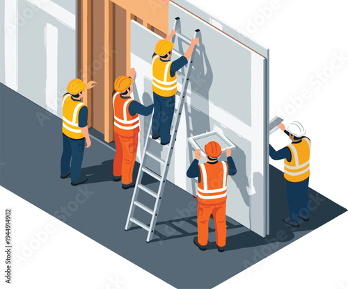 Isometric vector illustration of construction workers in safety vests and helmets installing interior drywall on a building site
