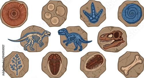 Prehistoric fossil icon set with dinosaur skeletons trilobites ammonites and ancient bones in flat vector style for paleontology and science education