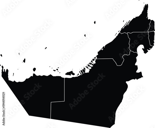 Detailed black silhouette vector map of the United Arab Emirates showing regional borders and coastal island formations