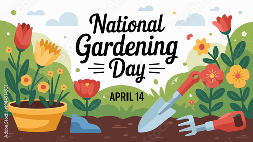 National gardening day illustration with flowers gardening tools and potted plants on april 14th background