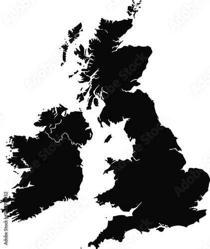 Photography Map silhouette of the United Kingdom and Ireland black vector outline isolated o