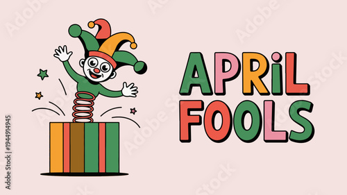 Jester jumping out of colorful gift box with april fools text playful prank illustration