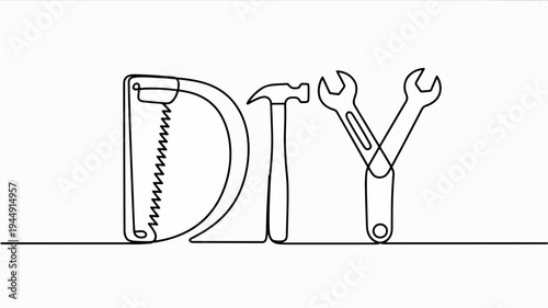 Diy home improvement tools icon with saw hammer and wrench forming letters on white background for crafting and repair concepts
