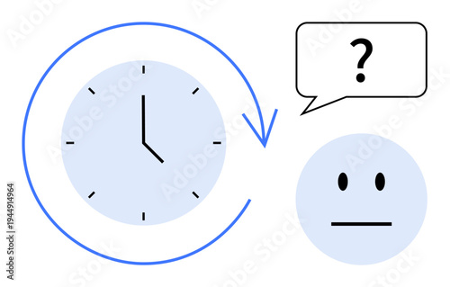 Time management, decision-making, productivity, doubt solving, scheduling, task prioritization. A clock with a circular arrow and a questioning face. Time management and decision-making concept