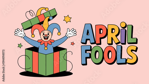 Jester emerges from gift box with wrapped present on head celebrating april fools' day with colorful text on pink background