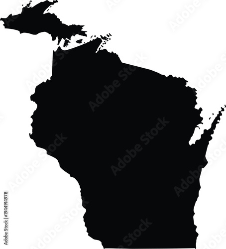 Wisconsin state map black silhouette isolated on white background for United States geography education and regional travel design