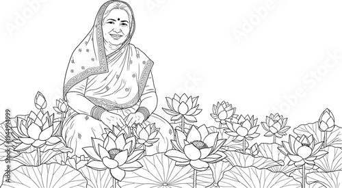 Indian woman in traditional sari sitting in a lotus flower pond line art illustration for coloring book and cultural heritage design