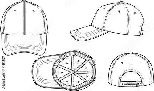 Baseball cap technical drawing set featuring front side top and back views template for headwear fashion apparel design