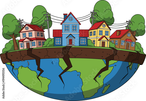 Earthquake disaster vector illustration showing a neighborhood of houses on a cracked earth cross section above a globe