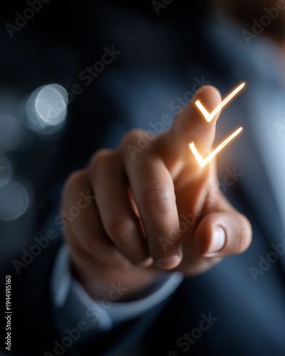 Wallpaper Mural Choice:Confirming Choices: An individual's finger interacts with glowing checkmarks, symbolizing confirmation, acceptance, or the completion of a digital task. Torontodigital.ca