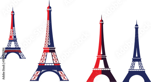 Set of Eiffel Tower silhouettes in red and blue colors for Paris France travel tourism and romantic landmark icons