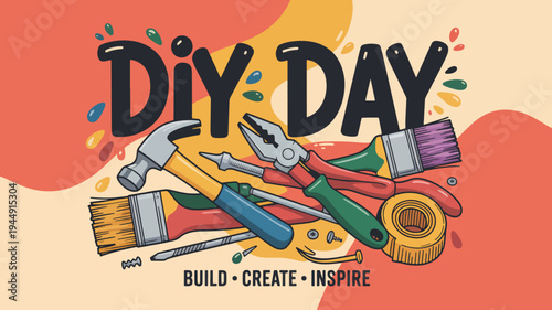 Colorful diy tools and equipment for home improvement and crafting projects on a vibrant abstract background