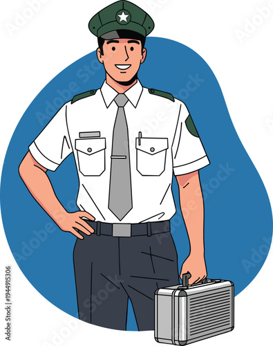 Smiling male security officer in professional white uniform and cap holding a metal briefcase against blue background