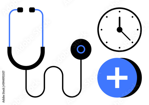 Healthcare concept. Stethoscope, clock, and medical cross healthcare, time management, and wellness. Healthcare linking diagnostics, appointments and medical services. For wellness telemedicine