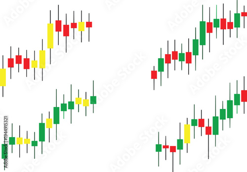 Flat vector illustration set of stock market candlestick charts in green red and yellow colors for financial analysis
