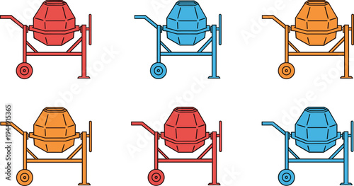 Flat vector icon set of portable concrete cement mixers in red blue and orange colors for construction and building design