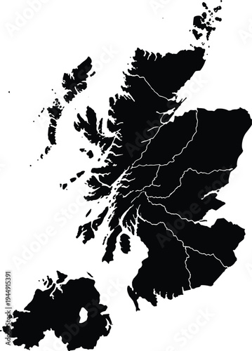 Detailed black silhouette vector map of Scotland and Northern Ireland showing geographical borders and coastal island formations