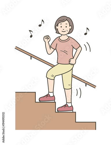 元気に階段を上るミドル世代の女性のイラスト