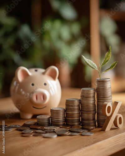 Wallpaper Mural Financial Growth: A piggy bank stands beside stacks of coins with a small plant, symbolizing financial prosperity and the growth of savings. Torontodigital.ca