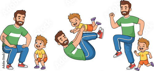 Cartoon illustration of a happy father and young son doing playful exercises together, showing family fitness, bonding, and healthy lifestyle in a colorful flat style.