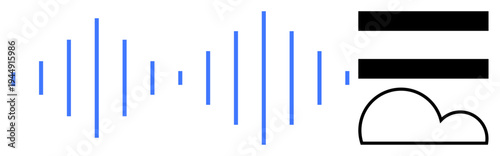 Blue soundwave lines paired with minimalist black cloud and horizontal bar shapes suggest digital storage, sound analysis, cloud computing, and data visualization. Ideal for sound technology, data