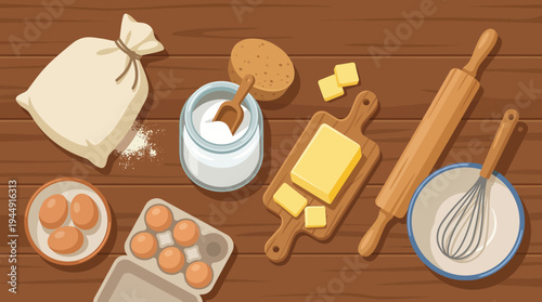 Baking ingredients and tools on a wooden table for making cookies and pastries