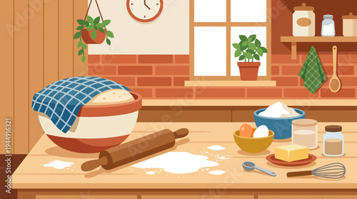 Baker prepares a sweet treat on a wooden table in a kitchen with utensils and ingredients.