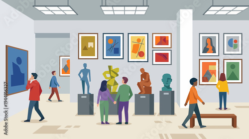 People viewing artwork and sculptures on display in a modern art gallery interior