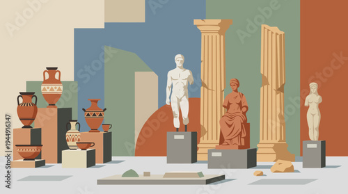 Ancient artifacts and sculptures are displayed in a museum with columns and statues.