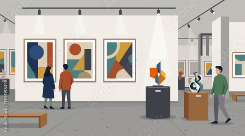 Visitors explore an art gallery with paintings and sculptures on display indoors.