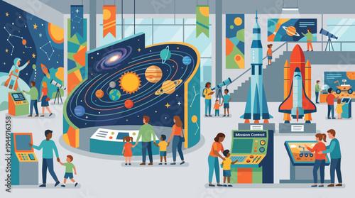 Children explore interactive space exhibits with solar system models and rockets indoors