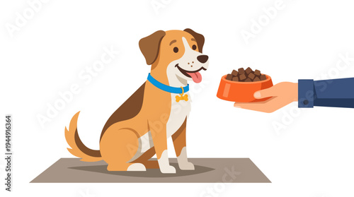 Person feeding dog with bowl of food on mat indoors