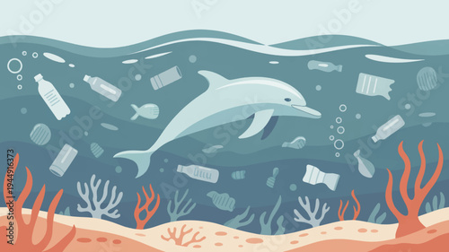 Dolphin swims through ocean pollution with plastic waste and debris surrounded by coral reef and seaweed illustrating environmental issue of marine contamination
